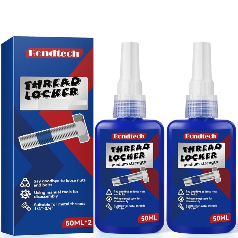 Bondtech Thread Lock Blue and Red, Threadlocker Medium and High Strength, Thread Locker for Nuts, Bolts, Fasteners and Metals, Against Losening and Leakage (Medium-50ml2pack) - Image 1